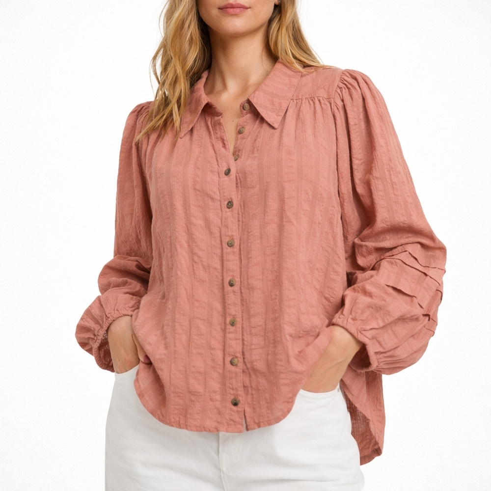 Free People Dusty Rose Puff Sleeve Boho Button-Front Peasant Blouse